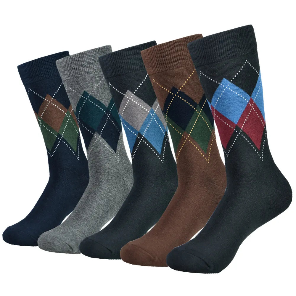 5 pairs Men's Cotton Dress ARGYLE Pattern Crew Socks