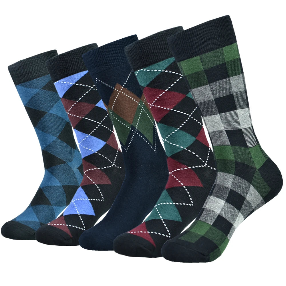 5 pairs Men's Cotton Dress ARGYLE Pattern Crew Socks