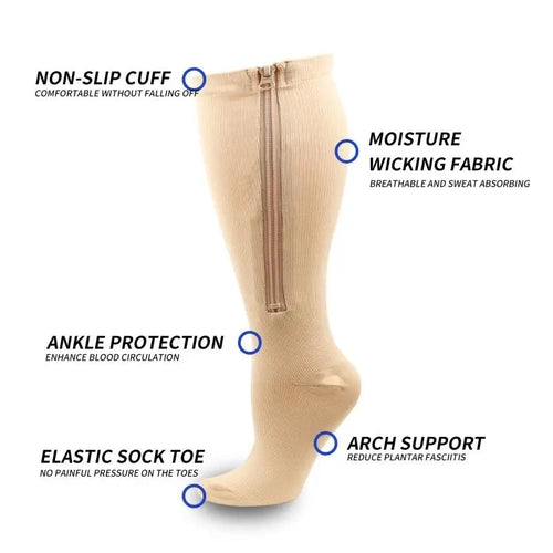 BEIGE Zipper Sides CLOSE TOE Compression Socks,