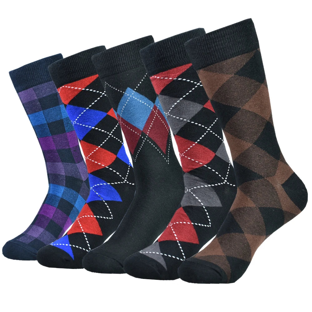 5 pairs Men's Cotton Dress ARGYLE Pattern Crew Socks