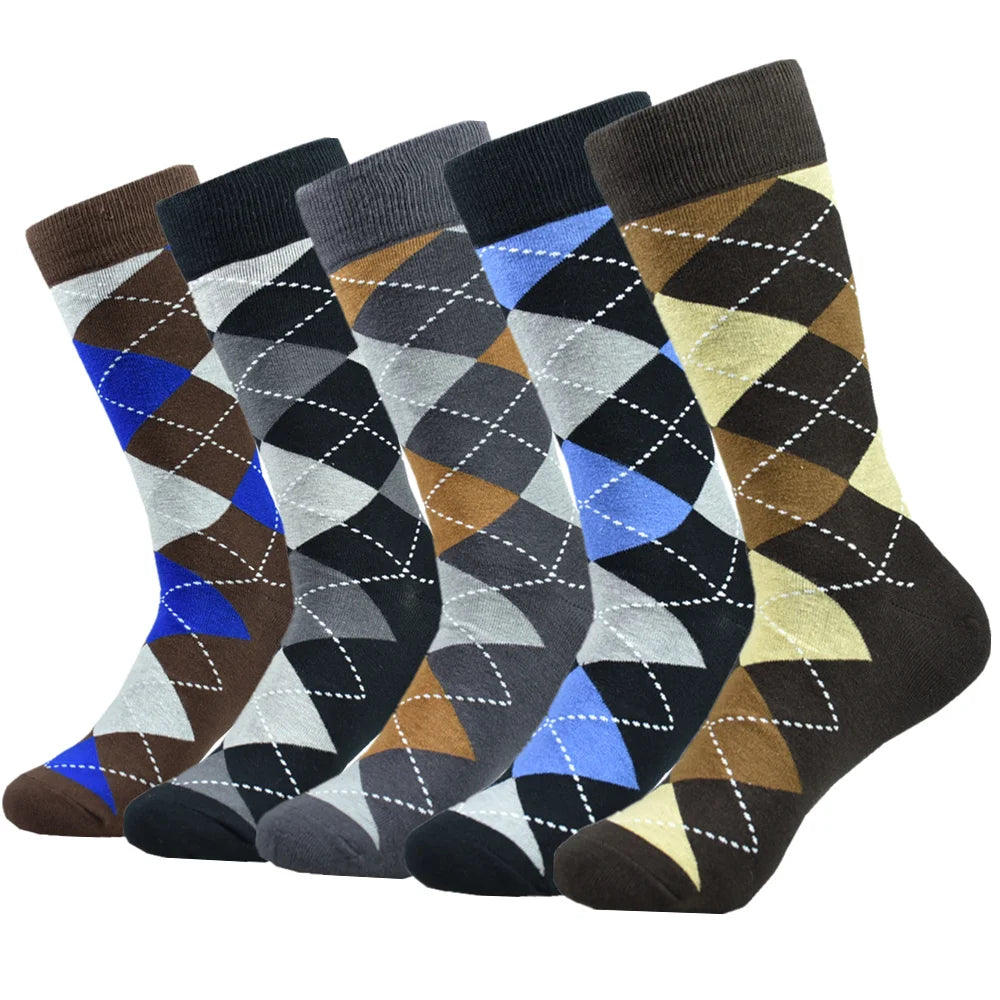 5 pairs Men's Cotton Dress ARGYLE Pattern Crew Socks