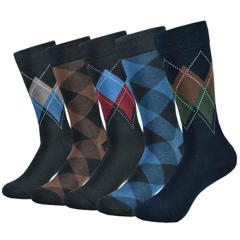 5 pairs Men's Cotton Dress ARGYLE Pattern Crew Socks