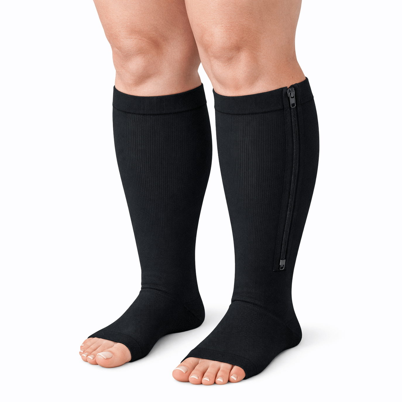 BLACK  Zipper Sides OPEN TOE Compression Socks
