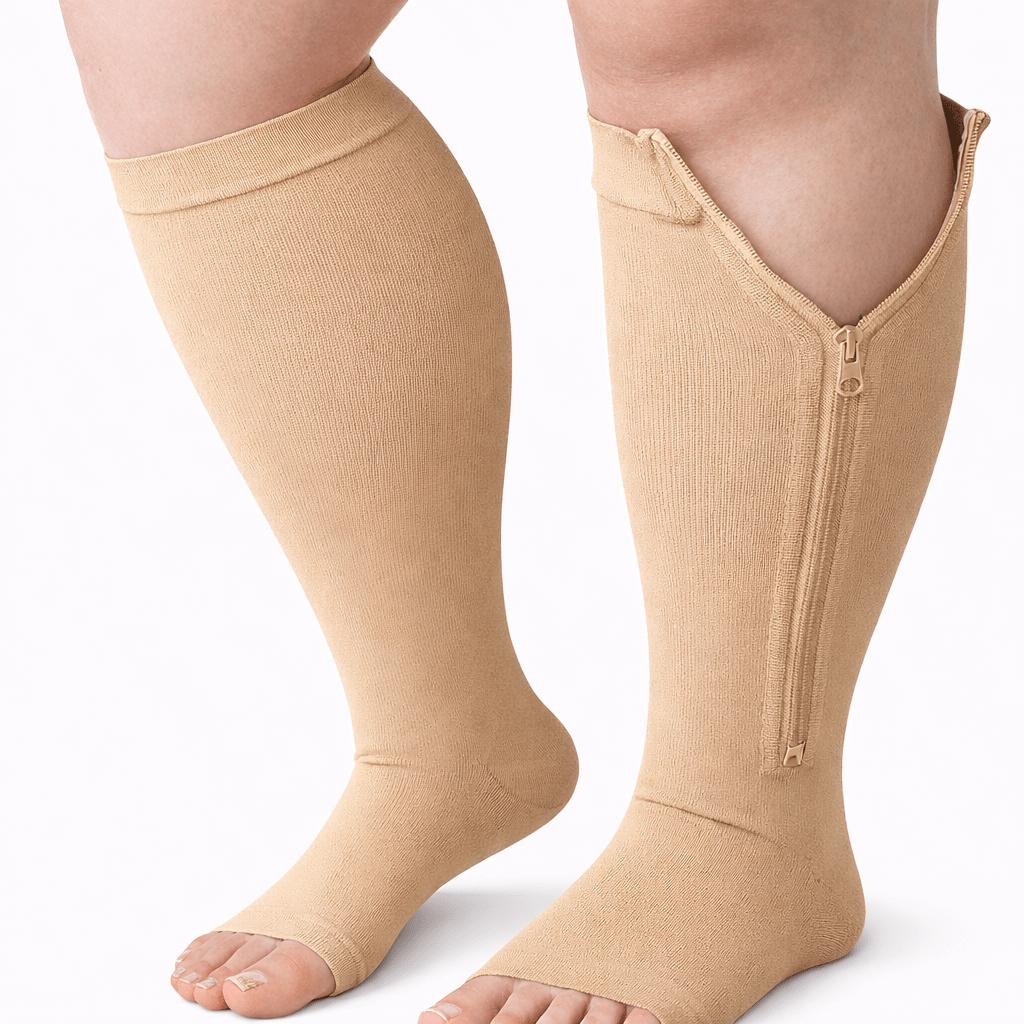 BEIGE   Zipper Sides  OPEN TOE  Compression Socks