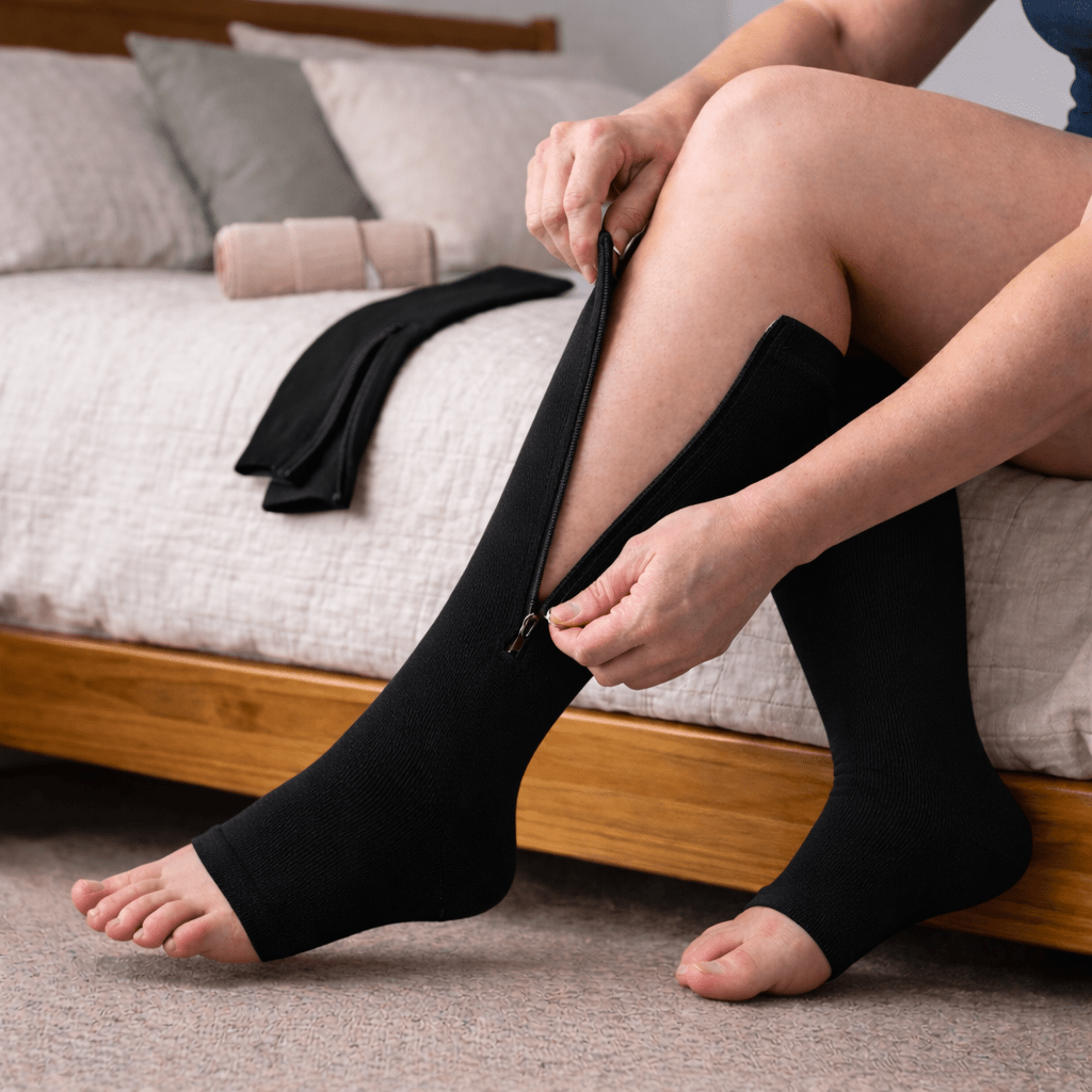 BLACK  Zipper Sides OPEN TOE Compression Socks